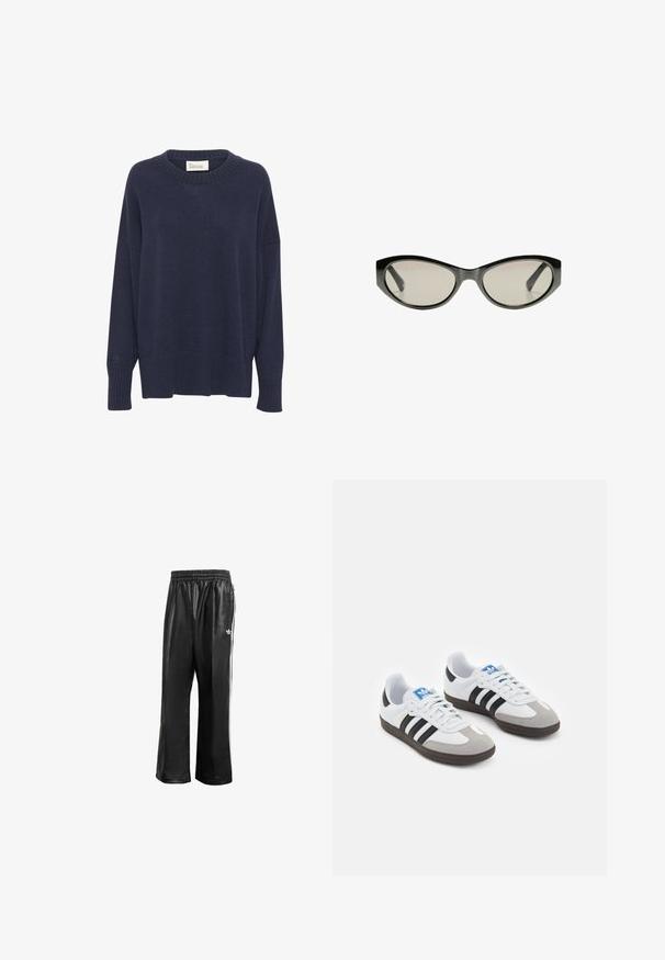 Pulover tricotat de culoare bleumarin, cu decolteu rotund, umeri lăsați și tiv striat. Prezintă un mic logo pe mâneca stângă. Textură moale.; Pantaloni de trening sintetici negri cu talie elastică, având dungi albe pe laturi și un mic logo alb pe şoldul stâng.; Încălțăminte sport cu un superior din piele albă, vârf din suede gri și trei dungi negre. Prezintă un logo albastru pe limbă și o talpă din cauciuc texturat.; Ochelari de soare negri cu lentile de culoare gri. Rama din plastic are margini ascuțite și o finisare netedă, lucioasă.