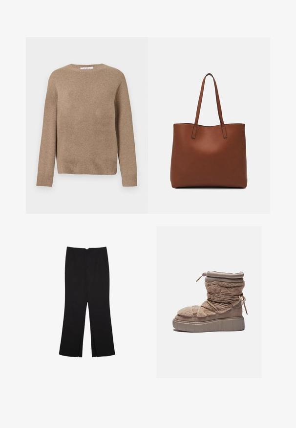 Maglione marrone in lana con scollo rotondo, maniche lunghe e orlo a coste. Tessuto liscio, design essenziale, senza motivi o dettagli visibili.; Pantaloni neri a gamba dritta, con tasche frontali e spacchi laterali all'orlo. Realizzati in tessuto morbido e liscio. Adatti a diverse occasioni.; Stivaletto peloso beige con una suola piatta robusta, parte superiore arricciata e lacci elastici. Presenta una chiusura con zip e una texture in tessuto morbido.; Borsa tote in pelle marrone con texture liscia, design con apertura superiore e due spallacci. Presenta cuciture minime e nessun hardware visibile.