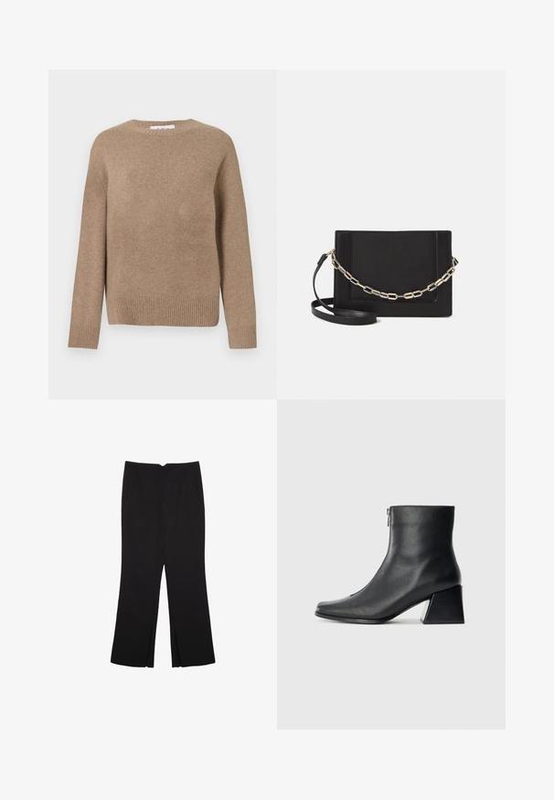 Smeđi vuneni pulover s okruglim izrezom, dugim rukavima i rebrastim rubom. Glatka tekstura, osnovni dizajn, bez vidljivih uzoraka ili naglaska.; Crne hlače ravnog kroja, s prednjim džepovima i bočnim prorezima na rubu. Izrađene od mekog i glatkog materijala. Pogodne za razne prigode.; Crne kožne gležnjače sa četvrtastim vrhom, bočnim patentnim zatvaračem i blok petom na jednostavnoj svijetloj pozadini.; Crna kožna torba preko tijela s glatkom teksturom, pravokutnim oblikom i metalnim lancem na prednjoj strani. Uključena je podesiva naramenica.