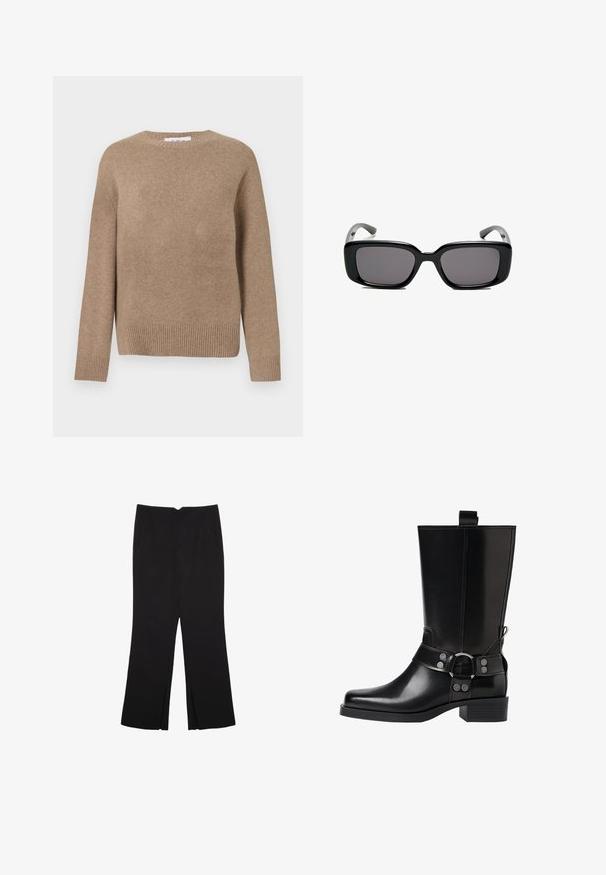 Brauner Wollpullover mit rundem Ausschnitt, langen Ärmeln und geripptem Saum. Glatte Textur, schlichtes Design, keine sichtbaren Muster oder Akzente.; Schwarze Hose mit geradem Schnitt, ausgestattet mit Fronttaschen und Seitenschlitzen am Saum. Hergestellt aus weichem, glattem Stoff. Geeignet für verschiedene Anlässe.; Schwarze Lederstiefel bis zum Knie mit spitzer Zehenform, silbernen Schnallenakzenten und einem klobigen Absatz. Verfügt über eine Zuglasche für einfaches Anziehen.; Schwarze rechteckige Sonnenbrille mit dunklen Gläsern, glattem Kunststoffrahmen und gebogenen Bügeln. Das Design ist klobig mit einer minimalistischen Ästhetik.