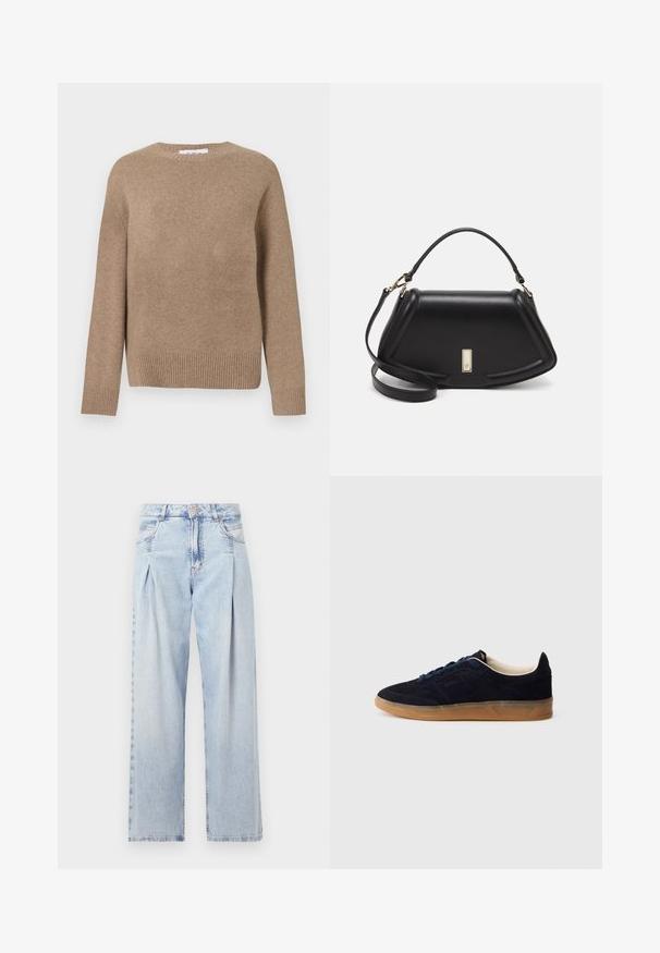 Ruskea villa neulepaita, jossa on pyöreä pääntie, pitkät hihat ja ribbireuna. Sileä rakenne, yksinkertainen muotoilu, ei näkyviä kuvioita tai koristeita.; Vaaleansiniset farkut, joissa on korkea vyötärö, leveälahkeinen leikkaus, kaksi sivutaskua ja pleatattu muotoilu. Pehmeä rakenne, jossa on haalistunut viimeistely.; Laivastonsininen mokkanahkainen tennari, jossa on kuminahkainen pohja, siniset nauhat ja minimalistinen muotoilu. Sivussa on kohokuvioitu logo ja sisäpuolella sileä vuori.; Mustalla nahkalaukulla, jossa on jämäkkä muotoilu, lyhyt malli, yläkahva ja kultaiset yksityiskohdat. Säädettävä olkahihna sisältyy.