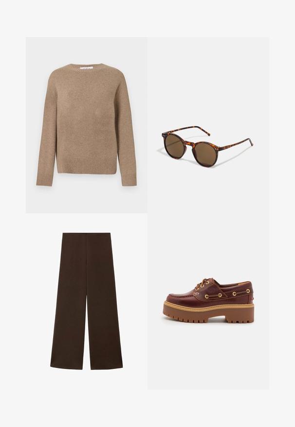 Bruine wollen trui met een ronde hals, lange mouwen en een geribbelde onderrand. Gladde textuur, eenvoudig ontwerp, geen zichtbare patronen of accenten.; Wijdvallende broek gemaakt van een gladde, donkerbruine stof. Kenmerkt zich door een hoge tailleband en een minimalistisch ontwerp zonder versieringen.; Bruine leren botenschoenen met een stevige bruine rubberen zool, gouden ogen en contraststiksels. Heeft een logo aan de zijkant.; Ronde zonnebril met een schildpadprint frame en bruine lenzen. Bevat dunne pootjes met een lichte textuur en metalen accenten bij de lenzen.