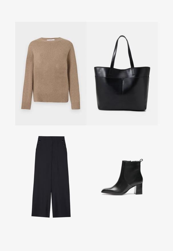 Bruine wollen trui met een ronde hals, lange mouwen en een geribbelde onderrand. Gladde textuur, eenvoudig ontwerp, geen zichtbare patronen of accenten.; Zwarte wijde broek in donkerblauw materiaal, met een gladde textuur, voorplooien en decoratieve goudkleurige ogen op de zijzakken.; Zwarte leren enkelboot met een ronde neus, een blokhak van gemiddelde hoogte en een trekstrap aan de achterkant. Glad textuur, minimalistisch ontwerp.; Zwarte leren tote bag met twee lange handvatten, een zachte textuur en een gestructureerde vorm. Voorzien van een voorvak voor extra opslagruimte.
