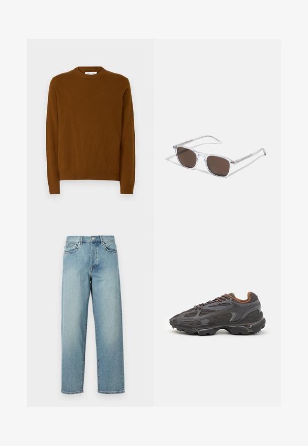 Suéter de punto marrón con cuello redondo, mangas largas, puños y dobladillo de canalé. Textura suave con un acabado liso.; Jeans de mezclilla azul claro con un corte amplio, piernas rectas, diseño de cinco bolsillos y cierre de botón en la cintura. Detalle de costura minimalista.; Zapatillas Lacoste en gris oscuro con material de malla y sintético, que cuentan con una suela texturizada y detalles en marrón en el cuello y la marca.; Gafas de sol de plástico transparente con lentes marrones rectangulares, que cuentan con finas varillas transparentes y acentos metálicos en las patillas.