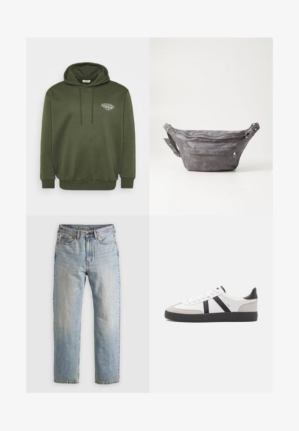 Olivgrön hoodie gjord av en bomullsblandning, med en framficka i kängurustil, dragsko i huvan och vitt logotypbroderi på bröstet.; Ljusblå denimjeans med hög midja, framknäppning, dragkedja och femficksdesign, placerade platt på en neutral bakgrund.; Vit sneaker med svarta och grå accenter, med en strukturerad grå tådel, svart gummisul, och platta vita skosnören. Ren design, minimalistisk stil.; Grå mockafjällsryggsäck med rundad form, två fickor med dragkedja och justerbart bälte. Har metallackenter som detaljer.