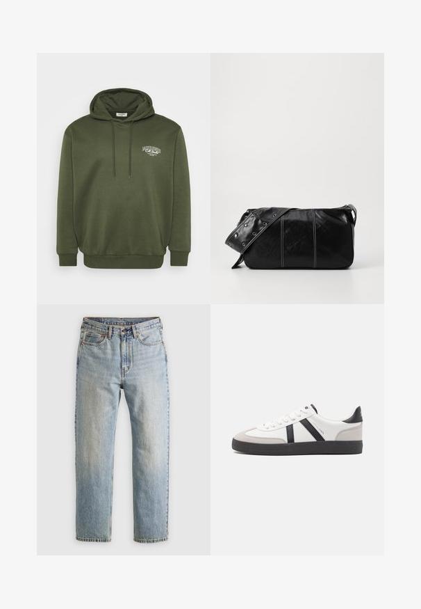 Hanorac verde măsliniu dintr-un amestec de bumbac, cu o buzunar tip kangaroo în față, glugă cu șnur și broderie albă a logo-ului pe piept.; Jeans din denim de culoare albastru deschis, cu talie înaltă, nasture frontal, fermoar și design cu cinci buzunare, așezate platesc pe un fundal neutru.; Sneaker alb cu accente negre și gri, având un capac de vârf gri texturat, talpă din cauciuc negru și șireturi plate albe. Design elegant, stil minimalist.; Geantă de umăr din piele neagră cu închidere cu fermoar, având un corp texturat, cusături albe și o curea cu ochiuri argintii.