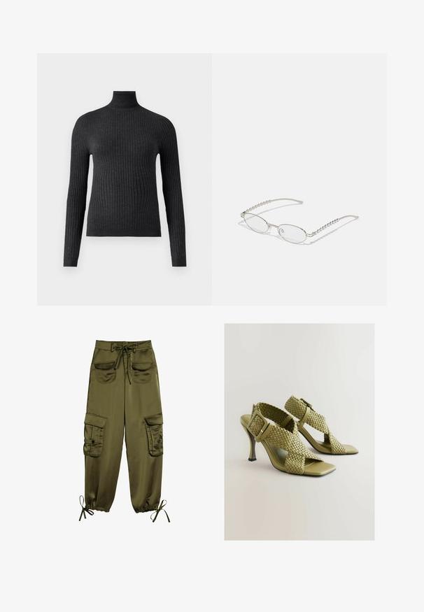 Pull à col roulé gris foncé en tissu côtelé, avec des manches longues et une coupe ajustée, présentant un col haut et une ceinture.; Haut sans manches blanc en tissu doux, avec des découpes sur les côtés et un col rond. Design simple sans motifs ni accents.; Pantalons de travail vert olive en tissu lisse, dotés de deux poches avant, d'un lien de taille ajustable et de poignets élastiques avec des liens aux chevilles.; Sandales à talons tressées vertes avec boucle réglable, bout ouvert carré et semelle lisse. Présente un talon haut élégant et élancé et des sangles texturées.; Lunettes ovales avec une monture métallique argentée, verres transparents et accents de branches texturées avec perles. Design léger avec des branches courbées.