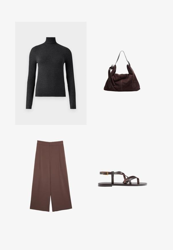 Dunkelgrauer Rollkragenpullover aus Rippstoff mit langen Ärmeln und figurbetontem Design, ausgestattet mit einem hohen Kragen und einem Taillenbund.; Braune Weite-Leg-Hosen mit einer glatten Textur, hoher Taille und Vorderfalten. Der Stoff ist leicht und fällt locker.; Braune Leder-Sandale mit überkreuzten Riemen, einem Knöchelriemen mit Schnalle und einer flachen Sohle mit minimalen Nähdetails.; Dunkelbraune Wildleder-Hobo-Schultertasche mit breitem, verstellbarem Ledertragegurt und weichem, lässigem Körper vor weißem Hintergrund.