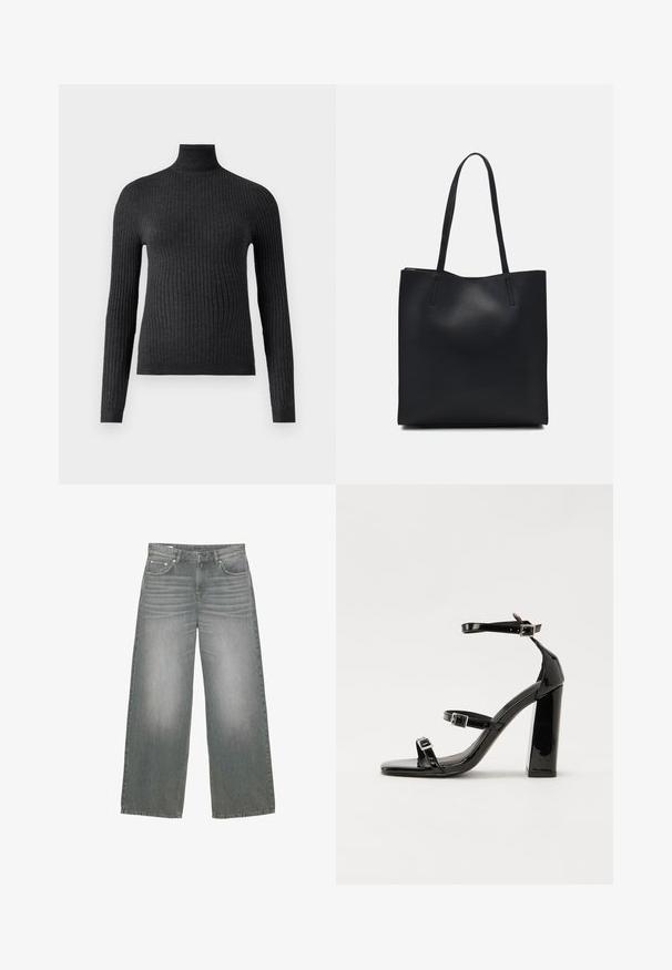 Dark gray turtleneck sweater made of ribbed fabric with long sleeves and a fitted design, featuring a high neckline and waistband.; Wide-legged, gray denim jeans featuring a slightly faded texture, five-pocket design, and classic button and zipper closure.; Black patent heeled sandals with a square toe, ankle straps, and silver buckles. Features a chunky block heel for stability.; Black leather tote bag with smooth texture, rectangular shape, and two long handles. No visible hardware or embellishments.