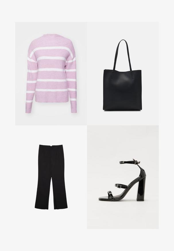 Rosa Strickpullover mit weißen horizontalen Streifen, Rundhalsausschnitt, lockerer Passform und langen Ärmeln. Weiche Textur und gerippte Details am Saum und an den Bündchen.; Schwarze Hose mit geradem Schnitt, ausgestattet mit Fronttaschen und Seitenschlitzen am Saum. Hergestellt aus weichem, glattem Stoff. Geeignet für verschiedene Anlässe.; Schwarze patentierte Sandalen mit Absatz, quadratischer Spitze, Knöchelriemen und silbernen Schnallen. Mit einem stabilen Blockabsatz für mehr Stabilität.; Schwarze Laptoptasche aus Leder mit glatter Textur, rechteckiger Form und zwei langen Griffen. Keine sichtbaren Beschläge oder Verzierungen.