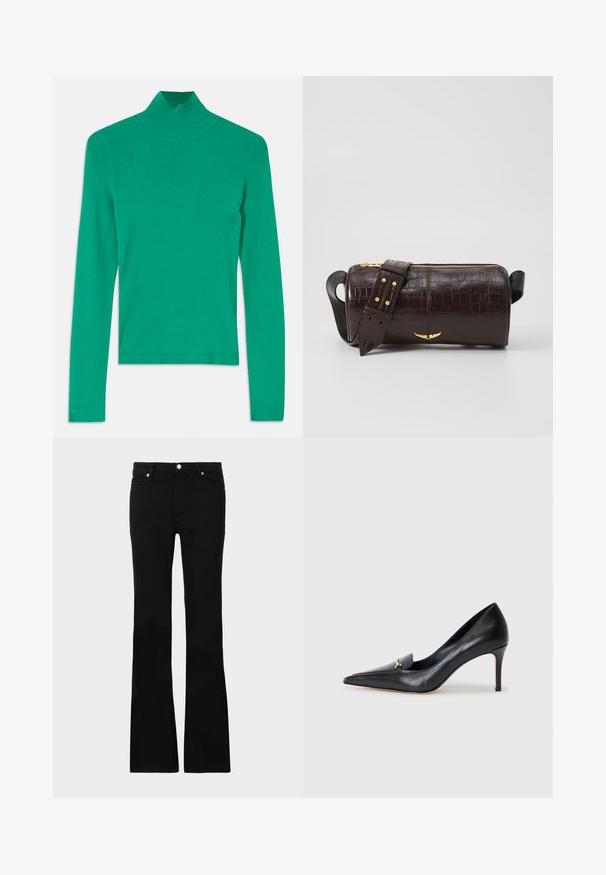 Green turtleneck sweater made of ribbed knit fabric, featuring long sleeves and subtle side seam detailing for a sleek, fitted appearance.; Black sleeveless top made from soft cotton. Features a round neckline and standard hem. Simple design, no visible patterns or accents.; Black flared jeans made of denim, featuring two front pockets, a button closure, and a smooth texture. Signature stitching visible at seams.; Black leather pump with a pointed toe, low-cut vamp, and a decorative gold accent. Features a stiletto heel and smooth texture.; Brown crocodile-embossed leather bag with a cylindrical shape, gold-tone hardware, and a detachable strap featuring studs.