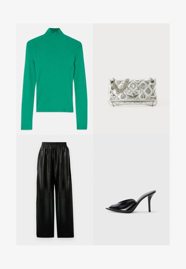 Pull à col roulé vert en tricot côtelé, avec des manches longues et des détails subtils sur les coutures latérales pour une apparence ajustée et élégante.; Pantalons larges en cuir noir avec une ceinture élastique, dotés de deux poches latérales et d'une texture lisse et brillante.; Mules à talons hauts en cuir noir, avec un design à bout ouvert, pointu, texture lisse et un fin talon aiguille.; Sac à main en métal argenté avec une poignée en chaîne, texture matelassée, couture décorative et fermeture éclair. Présente des accents embossés sur le devant.