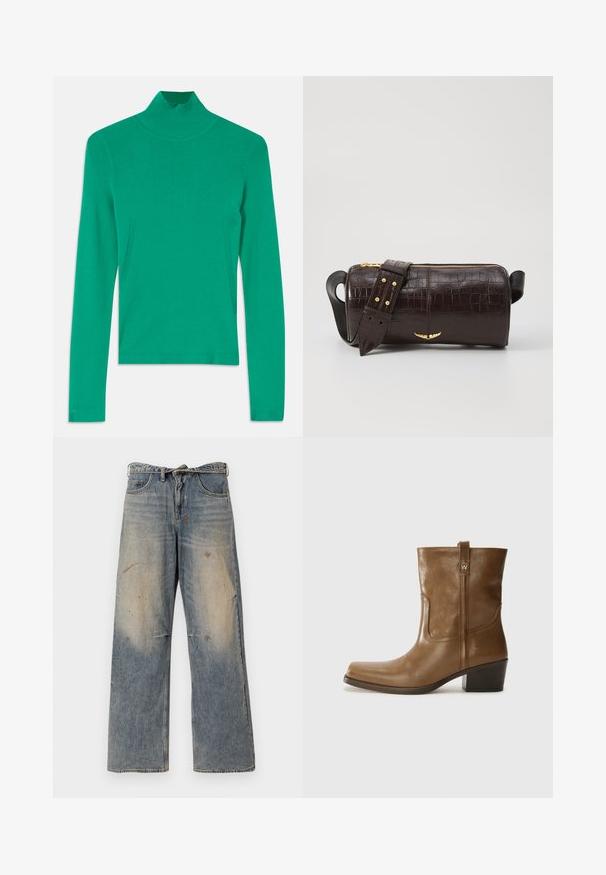 Zelený rolák vyrobený z řasené pleteniny, s dlouhými rukávy a jemnými detaily na bočních švech pro hladký, přiléhavý vzhled.; Světle modré džíny vyrobené z denimu s volným, rovně střiženým designem. Obsahují efekt blednutí, opotřebování a poškozené detaily v oblasti kolen. Klasický pětigrecký styl.; Hnědé kožené kotníkové boty se čtveratou špičkou, texturovaným povrchem a nízkým zvýšeným podpatkem. Mají zadní poutko na obouvání a jemné prošívání.; Hnědá kabelka z krokodýlí kůže s embosováním, cylindrického tvaru, se zlacenými kovovými prvky a odnímatelným popruhem se hroty.