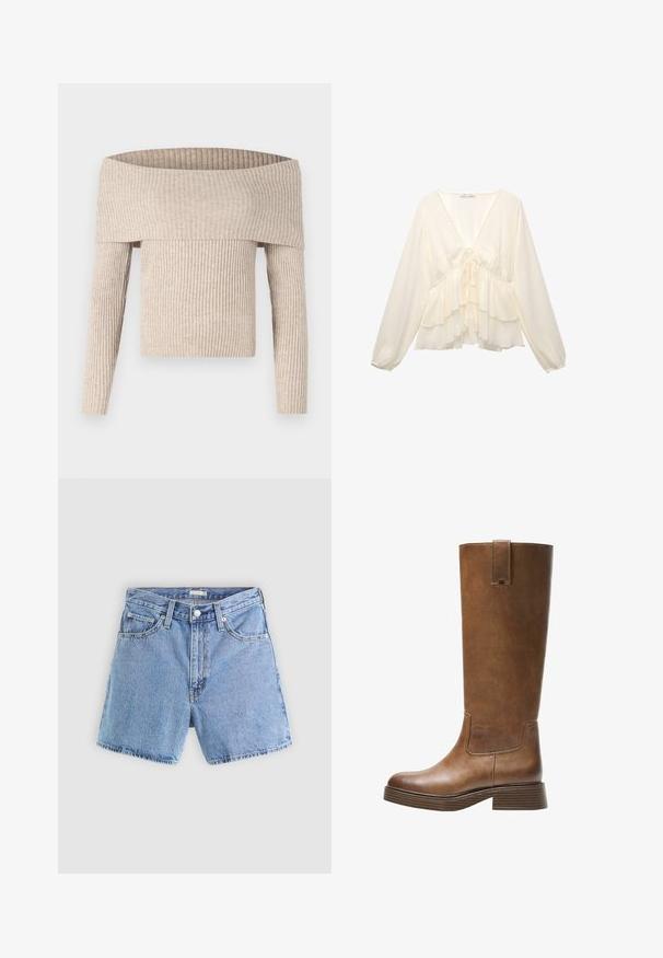 Pull en tricot côtelé beige, décolleté asymétrique, à manches longues et à coupe cintrée, avec un col large replié et un tissu texturé.; Blouse de couleur crème avec un col en V, des manches longues en ballon et des volants superposés à l'ourlet, avec un détail de nœud au centre du dos.; Shorts en denim bleu clair à taille haute, cinq poches, couture visible et ourlet effiloché. Présente une fermeture à bouton et à glissière.; Botte en cuir marron, montée jusqu'au genou, avec un bout arrondi, une surface texturée et un petit talon empilé. Elle présente un panneau latéral et une languette sur le dessus.