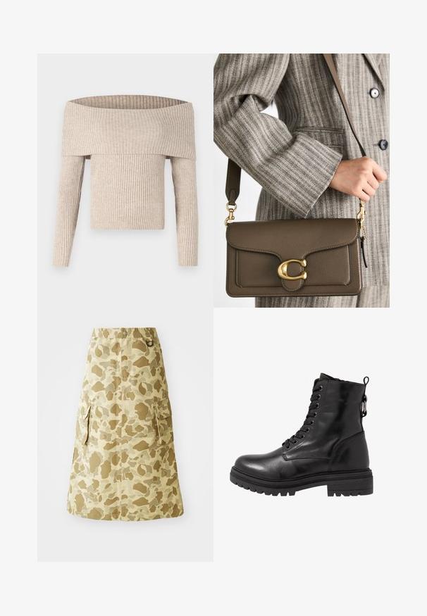 Suéter de punto acanalado beige sin hombros con mangas largas y un torso ajustado, que presenta un escote amplio y doblado y una tela texturizada.; Falda caqui con un patrón de camuflaje, fabricada en un material suave, con cintura elástica y dos bolsillos laterales.; Botín negro de cuero hasta el tobillo con punta redonda, cordones en la parte delantera y suela de goma texturizada. Cuenta con una tira en la parte trasera y costuras reforzadas.; COACH TABBY SHOULDER BAG 26 - Bolso de mano - dark stone; Pendientes de color dorado con una forma suave y redondeada, que cuentan con una superficie reflectante y un cierre de palanca para un uso seguro.