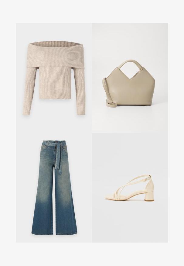 Maglione a costine beige fuori spalle con maniche lunghe e corpetto aderente, caratterizzato da un ampio colletto pieghettato e un tessuto testurizzato.; Pantaloni in denim a gamba larga con una sfumatura che va dal blu chiaro al blu scuro, vita alta, passanti per cintura e una cintura in tessuto coordinato. Finitura in denim strutturato.; Sandali con tacco beige a blocco, design con cinturini, e cinturino alla caviglia regolabile, realizzati in materiale sintetico liscio con finitura opaca.; Borsa a mano strutturata beige con un'apertura a V, in pelle liscia, manici corti e una lunga tracolla regolabile. Design minimalista.