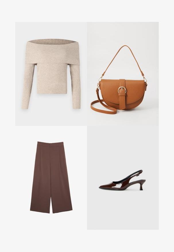Pull en tricot côtelé beige, décolleté asymétrique, à manches longues et à coupe cintrée, avec un col large replié et un tissu texturé.; Pantalons larges marron avec une texture lisse, dotés d'une taille haute et de plis à l'avant. Le tissu est léger et tombe de manière fluide.; Chaussure slingback en cuir verni marron avec un bout pointu et un talon modéré. Elle est dotée d'une sangle à boucle pour un ajustement sécuritaire. Texture lisse.; Sac bandoulière en cuir marron avec une forme incurvée, quincaillerie dorée et un accent en boucle. Comprend une bandoulière détachable.