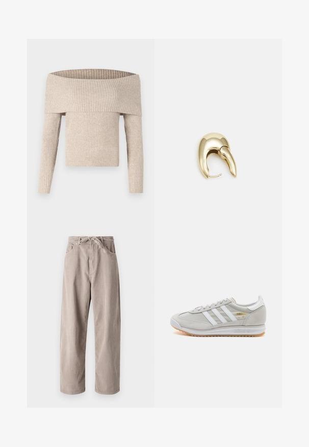 Maglione a costine beige fuori spalle con maniche lunghe e corpetto aderente, caratterizzato da un ampio colletto pieghettato e un tessuto testurizzato.; Pantaloni in velluto a coste beige con vestibilità ampia, dotati di vita con cordoncino, due tasche frontali e lavorazione a coste verticali.; Sneaker grigio chiaro realizzato in suede e rete, con tre strisce bianche, punta arrotondata e suola in gomma color caramello. Accento del logo dorato vicino ai lacci.; Orecchino in metallo color oro con un design elegante e curvo. Presenta una forma appuntita distintiva, superficie lucida e chiusura a cerniera.