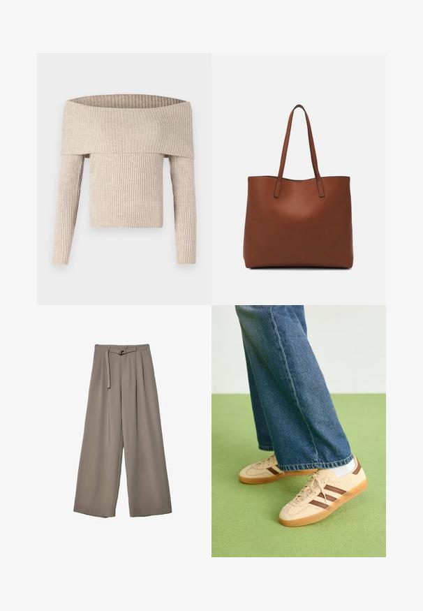 Beige, schulterfreier, gerippter Strickpullover mit langen Ärmeln und tailliertem Oberteil, ausgestattet mit einem breiten, umgeschlagenen Halsausschnitt und strukturierter Stoffoberfläche.; Weite Hose aus einem weichen, gedämpften grauen Stoff, mit einem taillierten Bund und Falten für zusätzliche Design-Details. Glatte Textur, keine Muster.; Beige Sneakers mit strukturierten cremefarbenen Paneelen und braunen Streifen, kombiniert mit blauen Jeans. Die Jeans haben einen weiten Beinschnitt und einen fransigen Saum.; Braune Leder-Tote mit glatter Textur, offenem Oberteil und zwei Schulterriemen. Verfügt über minimale Nähte und keine sichtbaren Beschläge.