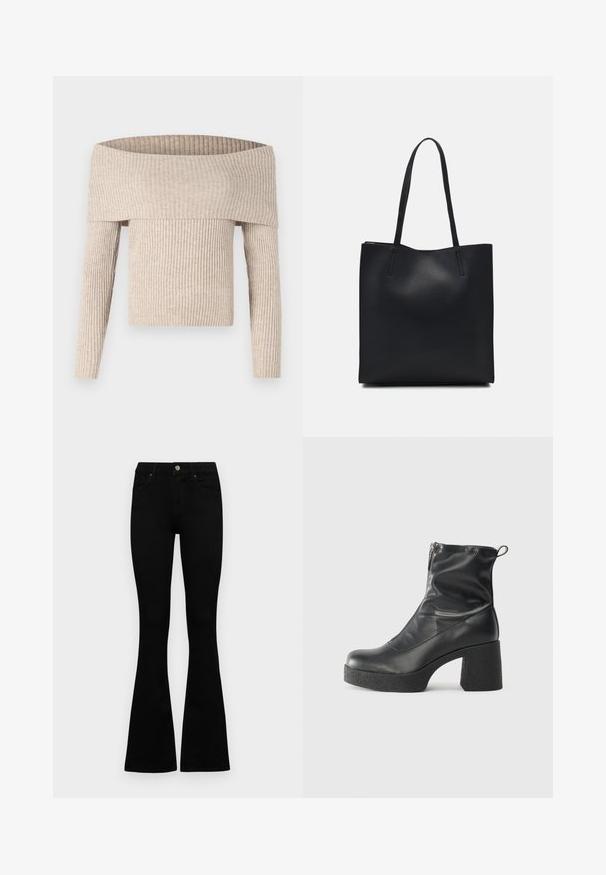 Bež pulover z odprtimi rameni, rebrastim pletenjem, dolgimi rokavi in prilegajočim se korzetom, ki ima širok, zložen ovratnik in teksturirano tkanino.; Črne visokotopne kavbojke z gumbom in zadrgo, sprednjimi žepi in razširjenimi hlačnicami, poleg bel background.; Črne gležnjarje iz gladke kože z božnim zadrgo, masivnim teksturiranim peto in zaobljeno obliko prstov.; Črna usnjena torba s svilnato teksturo, pravokotne oblike in dvema dolgima ročajema. Brez vidnih metalnih delov ali okrasnih elementov.