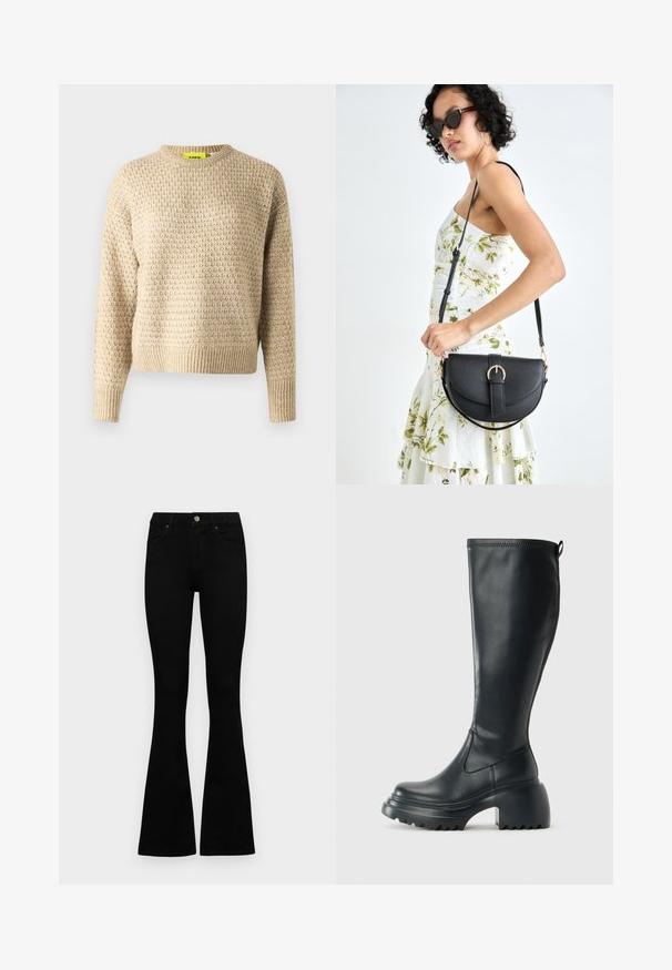 Suéter de malha bege com decote redondo e mangas longas. Apresenta um padrão texturizado, com bainha e punhos canelados.; Jeans pretos de cintura alta com fecho de botão e zíper, bolsos frontais e pernas largas dispostos em cima de um fundo branco.; Bota preta de couro alta com sola de plataforma robusta e salto bloco, apresentando puxador e padrão texturizado na sola.; Bolsa de couro preta com forma curva, alça destacável e detalhes em dourado. A bolsa possui uma aba com detalhe de fivela.