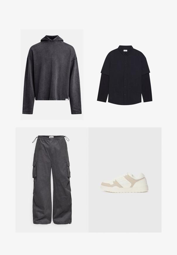 Zwarte cropped hoodie gemaakt van zachte, textuurstof. Voorzien van een trekkoordkap, lange mouwen en zichtbare stiksels langs de randen.; Donkerblauwe overhemden met een spread collar, korte mouwen met een verlengde onderlaag en vijf knopen aan de voorkant. Softe stof met een subtiele textuur.; Grijze cargobroek van textuurstof, met een elastische tailleband, trekkoord en zijzakdetails. Loose fit met wijde pijpen.; Witte en beige sneaker met een combinatie van gladde en suède texturen, ronde neus, vetersluiting en een platte rubberen zool.
