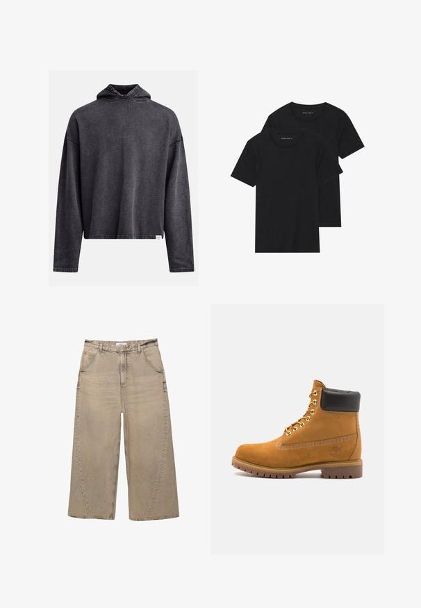 Sort cropped hoodie lavet af blød, tekstureret stof. Har en hætte med snoretræk, lange ærmer og synlige syninger langs kanterne.; To sorte bomulds t-shirts med korte ærmer, rund halsudskæring og en glat tekstur, vist stablet sammen.; PULL&BEAR MEGA BAGGY - Baggy jeans - light grey; Tan nubuck ankelstøvle med sort polstret krave, gyldne metaløjer, hvid syning detaljer og robust gummisål med udtalte slidbaner.