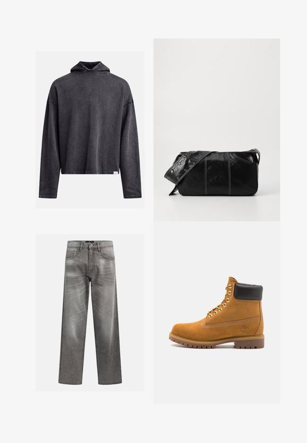 Čierna skrátená mikina s kapucňou z mäkkej, štruktúrovanej tkaniny. Má stiahnuteľnú kapucňu, dlhé rukávy a viditeľný šev pozdĺž okrajov.; Krémové bavlnené tričko s krátkymi rukávmi a okrúhlym výstrihom. Obsahuje grafický potlač v modrej a červenej farbe s textom a motívom.; Sivý denimové džínsy s voľným strihom, s detailmi v podobe blednutia a vyblednutej textúry, klasický dizajn s piatimi vreckami a zapínaním na gombík.; Tyrkysové semišové členkové topánky s čiernym polstrovaným golierom, zlatými kovovými očkami, bielym prešívaním a robustnou gumovou podrážkou s výraznými drážkami.; Čierna kožená kabelka cez plece so zipsovým uzáverom, so štruktúrovaným telom, bielym prešívaním a popruhom so striebornými očkami.