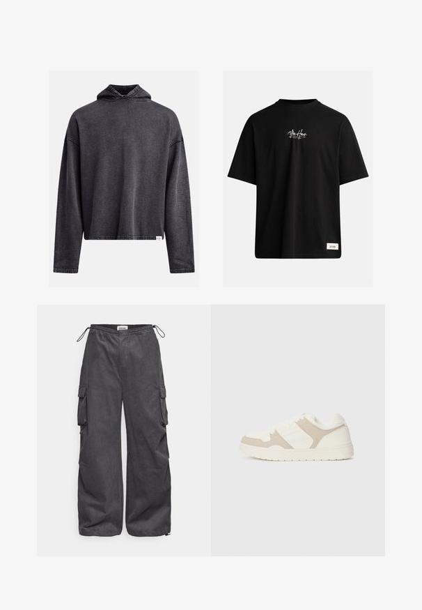 Schwarze, kurzgeschnittene Kapuzenjacke aus weichem, strukturiertem Stoff. Mit einer verstellbaren Kapuze, langen Ärmeln und sichtbaren Nähten entlang der Kanten.; Schwarzes Kurzarm-T-Shirt aus Baumwolle. Hat ein kleines weißes Logo auf der Brust und ein rechteckiges Etikett unten rechts.; Graue Cargo-Hosen aus einem strukturierten Stoff, mit elastischem Bund, Kordelzug und Seitentaschen. Lässiger Schnitt mit weitem Bein.; Weiße und beige Sneaker mit einer Kombination aus glatten und Wildleder-Oberflächen, runder Zehenpartie, Schnürverschluss und flacher Gummisohle.
