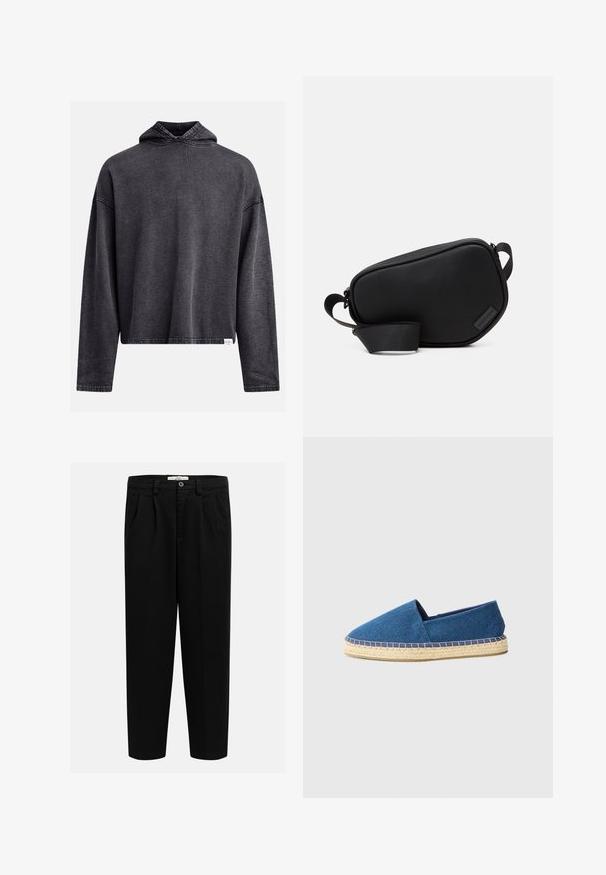 Zwarte cropped hoodie gemaakt van zachte, textuurstof. Voorzien van een trekkoordkap, lange mouwen en zichtbare stiksels langs de randen.; Zwarte broek gemaakt van zachte stof, met een recht model, ingestraalde plooien aan de voorkant en een knoopsluiting bij de taille.; Blauwe canvas espadrille met een gesloten neus, jute zool en gestikt profiel. Gladde stoffen textuur en een laag profiel ontwerp.; Zwarte, met rits afgesloten schoudertas van een glad materiaal, met een platte vorm, een enkele schouderriem en een klein logoaccent. Minimalistisch ontwerp.