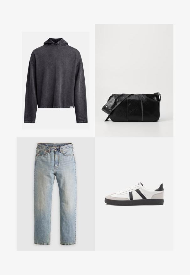 Black cropped hoodie made of soft, textured fabric. Features a drawstring hood, long sleeves, and visible stitching along the edges.; Light blue denim jeans with high waist, front button, zipper, and five-pocket design, laid flat on a neutral background.; White sneaker with black and gray accents, featuring a textured gray toe cap, black rubber sole, and flat white laces. Clean design, minimalist style.; Black leather shoulder bag with a zip closure, featuring a textured body, white stitching, and a strap with silver grommets.
