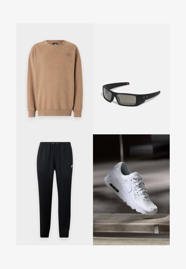 Bruine crewneck sweatshirt van zacht materiaal. Voorzien van ribgebreide manchetten en zoom, met een klein logopatch op de borst. Gladde textuur.; Zwarte sweatpants van zacht materiaal, met een elastische tailleband met trekkoord, cuffs bij de enkels en een klein logo-detail aan de zijkant.; Witte Nike Air Max 90 sneaker met een bovenwerk van mesh en leer, een geperforeerde teenbox en een zichtbare luchtunit in de hiel.; Zwarte zonnebril met een matte afwerking, rechthoekige glazen, een lichte kromming op de slapen, subtiele logodetails en rookgetinte glazen.