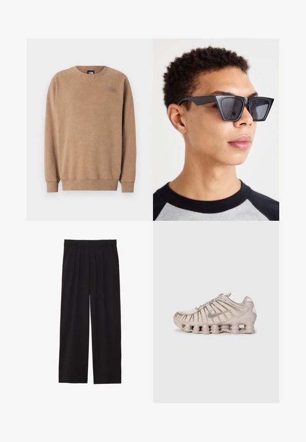 Brūns ar apaļu kakla izgriezumu džemperis, izgatavots no mīksta auduma. Iekļautas ribotu piedurkņu un apakšmalas detaļas, kā arī maza logo uzlīme uz krūškurvja. Gluda tekstūra.; Melni platbagāžnieki ar plecu priekšpusi, sānu kabatām un gludu auduma tekstūru. Izstrādāti brīvai piegulšanai.; Gaišbeidzs sporta apavi ar tīkla virsu, strukturētu dizainu un izteiksmīgu mīkstinātāju, kuram ir cilindriski elementi.; Melna leņķainu saulesbrilles ar tumšiem stikliem, ar drosmīgu ģeometrisku dizainu un matētu apdari. Valkā persona ar īsiem matiem.