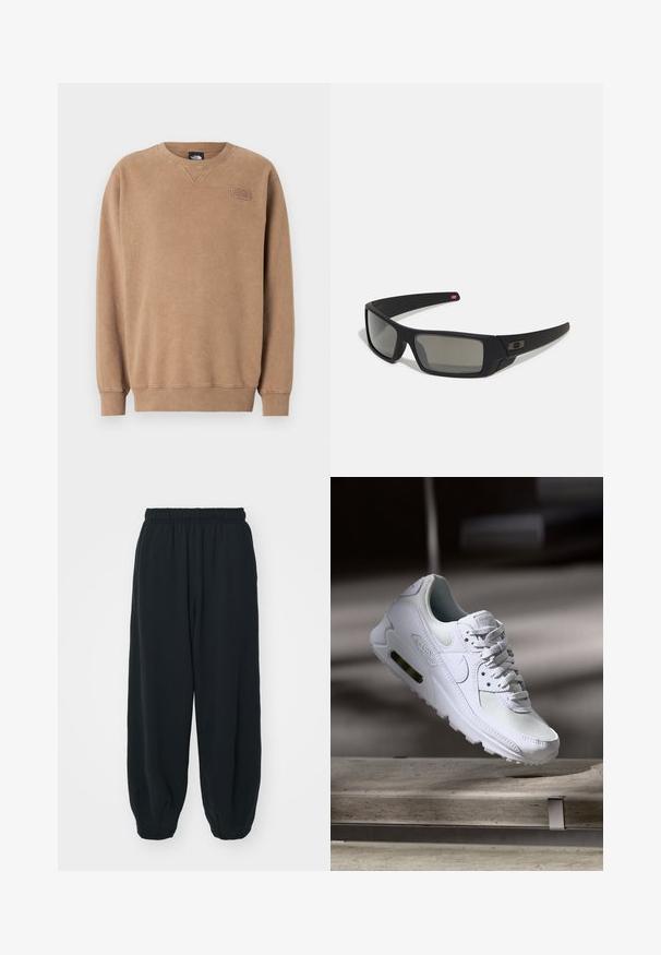 Hnedý crew neck sweatshirt vyrobený z mäkkej tkaniny. Má ribovanú manžetu a spodný lem, s malým logom na hrudi. Hladká textúra.; Čierne tepláky s elastickým pásom, vo voľnom strihu, s manžetami na členkoch, hladkej textúry a bez viditeľných vzorov alebo kovových doplnkov.; Biele tenisky Nike Air Max 90 s vrchnou časťou z kože a sieťoviny, perforovanou špičkou a viditeľnou vzduchovou jednotkou v päte.; Čierne slnečné okuliare s matným povrchom, obdĺžnikové šošovky, mierna krivka na straničkách, nenápadný detail loga a šošovky so zafírovaným tónovaním.