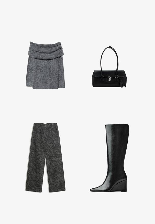 Szary sweter prążkowany z szerokim, złożonym kołnierzem i przyjemną w dotyku teksturą. Projekt jest prosty i minimalistyczny, bez widocznego logotypu.; Czarne dżinsowe spodnie o szerokich nogawkach z delikatnym wzorem panterki, metalowymi ćwiekami na pasku i klasycznym pięciokomorowym krojem.; Czarne skórzane kozaki sięgające do kolan, z eleganckim, spiczastym noskiem i obcasem w kształcie klina. Powierzchnia jest gładka o błyszczącym wykończeniu.; Czarna skórzana torebka o gładkiej fakturze, usztywnionym fasonie, podwójnych uchwytach i srebrnym zapięciu na środku.