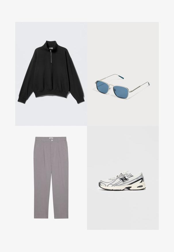 Black pullover sweatshirt with a high collar and half-zip closure. Made of soft fabric, featuring dropped shoulders and elastic cuffs.; Grey tailored trousers with a straight cut, featuring two front pockets, pleats, and a button closure. Made from lightweight fabric.; White and gray athletic sneaker with black "N" logo, mesh upper, cushioned sole, and lace-up design, shown on plain light gray background.; Sunglasses with a silver metal frame, rectangular blue lenses, and thin arms. Features blue accents on the temple tips.