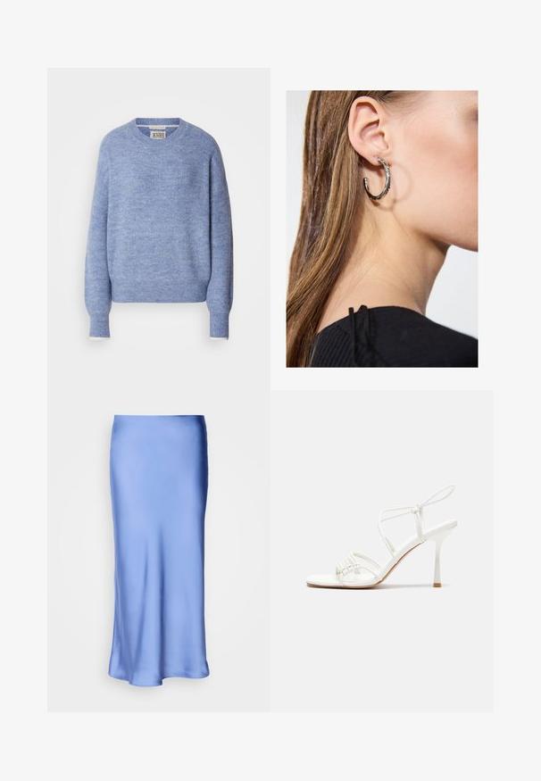 Svetlo modra jopica iz mehkega, strukturiranega materiala. Ima krojen izrez in dolge rokave z rebrastimi manšeti. Minimalističen dizajn.; Saten midi krilo modre barve z gladko, sijočo površino. Širjen silhueta, spodnji rob se nežno ukrivi, kar poudari njeno tekočo zasnovo.; Bela sandala na visoki pet z zavezanimi trakovi, z ravnim podplatom, teksturirano sprednjo stranjo z nabranimi detajli in ozkim gležnjenjem.; Srebrna obročasta uhana s polirano površino, ki vključuje majhne zlate poudarke in okroglo obliko, nošena na ušesnem lobu.