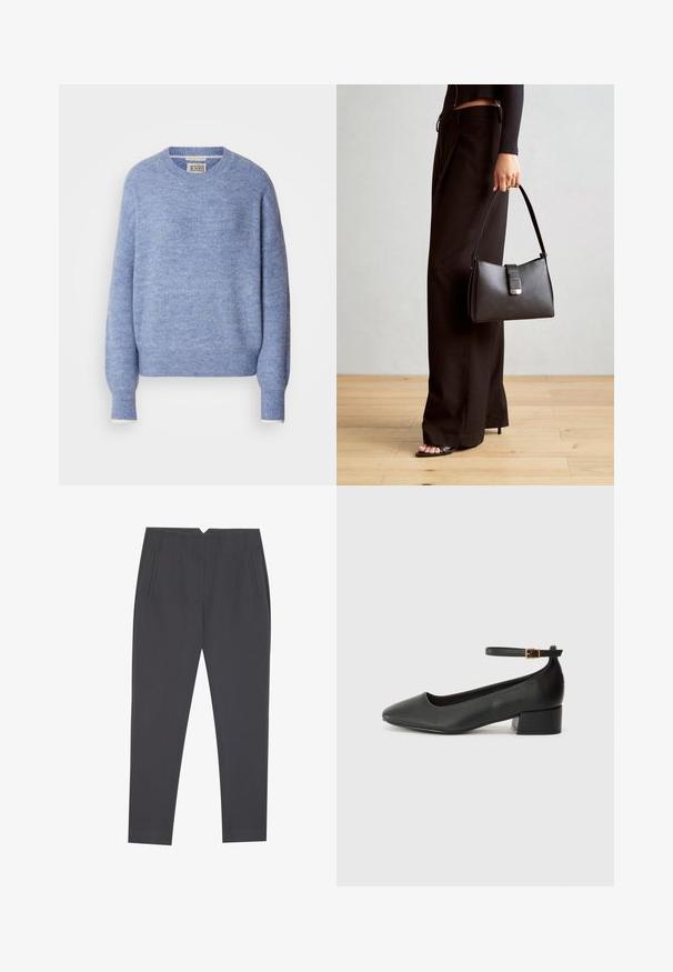 Light blue sweater made of soft, textured material. Features a crew neckline and long sleeves with ribbed cuffs. Minimalist design.; Dark gray tapered trousers with side pockets and front pleats, designed for a tailored fit.; Black leather pump with a pointed toe and a low block heel. Features an ankle strap with a gold-tone buckle. Smooth texture.; Black handbag with structured shape, smooth texture, and a metallic clasp. Paired with wide black pants and open-toe sandals on wooden floor.