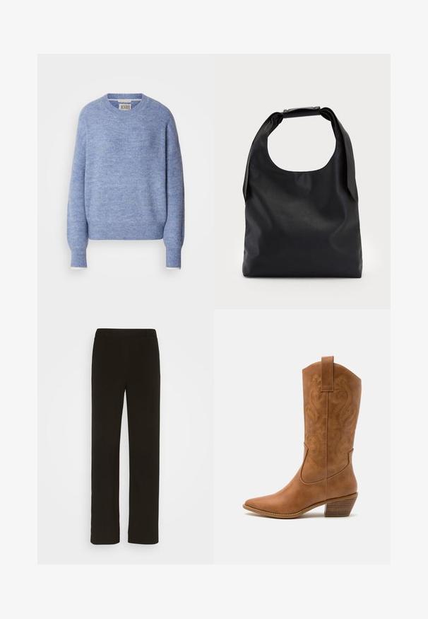Suéter azul claro hecho de material suave y texturizado. Presenta un cuello redondo y mangas largas con puños acanalados. Diseño minimalista.; Pantalones negros de pierna recta, confeccionados en tejido plano, con frente liso, dos bolsillos laterales y una textura suave. Sin patrones ni adornos visibles.; Bota de vaquero de cuero marrón claro con punta afilada, patrones de espiral bordados en el tubo y un tacón bloque apilado. Cuenta con una pestaña de agarre para facilitar su uso.; Bolso de mano de cuero negro con una gran abertura superior y una sola correa para el hombro. Textura suave, diseño minimalista, con detalles sutiles de herrajes.; Pendientes de aro de oro con forma irregular y texturizada. Presentan un cierre sin costuras y un acabado pulido, destacando un diseño moderno.