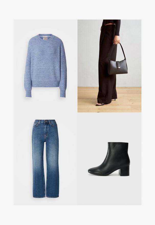 Svetlo modra jopica iz mehkega, strukturiranega materiala. Ima krojen izrez in dolge rokave z rebrastimi manšeti. Minimalističen dizajn.; Visoko pasovi široke jeans hlače iz modrega denima z gradientnim umivanjem, bakrenimi šivi, sprednjim gumbnim zapiranjem in petimi žepi.; Črne usnjene gležnjarje s koničastim nosom in debelim peto. Gladka tekstura z minimalnimi detajli in eleganten, prilegajoč dizajn.; Črna torbica z strukturirano obliko, gladko teksturo in kovinskim zaponko. Ujemajo se z širokimi črnimi hlačami in odprtimi sandali na lesenem tleh.