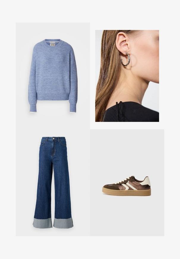 Vaaleansininen neulepusero, joka on valmistettu pehmeästä, tekstuurista materiaalista. Ominaisuuksiin kuuluu pyöreä pääntie ja pitkät hihat, joissa on resorit. Minimalistinen muotoilu.; Farkkuhousut, joissa on leveät lahkeet ja tummansininen pesu, näyttävät erottuvalta vaaleansinisen cuffin vuoksi ja niissä on klassinen viisi taskua -design.; Ruskeat ja kermaiset tennarit, joissa on mokkanahka- ja satiinimateriaaleja, kolmena vinona nauhana ja teksturoitu kumipohja.; Hopea renkaankorvakoru kiiltävällä pinnalla, jossa on pieniä kultaisia yksityiskohtia ja pyöreä muoto, käytetty korvalla.