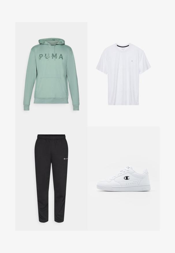 Lys grønn hettegenser med kengurulomme, med en teksturert "PUMA"-logo over brystet og snorer til hetten.; Hvit crewneck t-skjorte laget av bomull, med korte ermer og en liten logo brodert på venstre brystområde. Myk tekstur.; svarte sweatpants laget av en bomullsblanding, med elastisk midjebånd og en liten hvit logo på venstre side. Tapered ben design.; Hvite atletiske joggesko med en glatt syntetisk overdel, svart logo-akcent og perforerte detaljer på siden. Gummisåle.