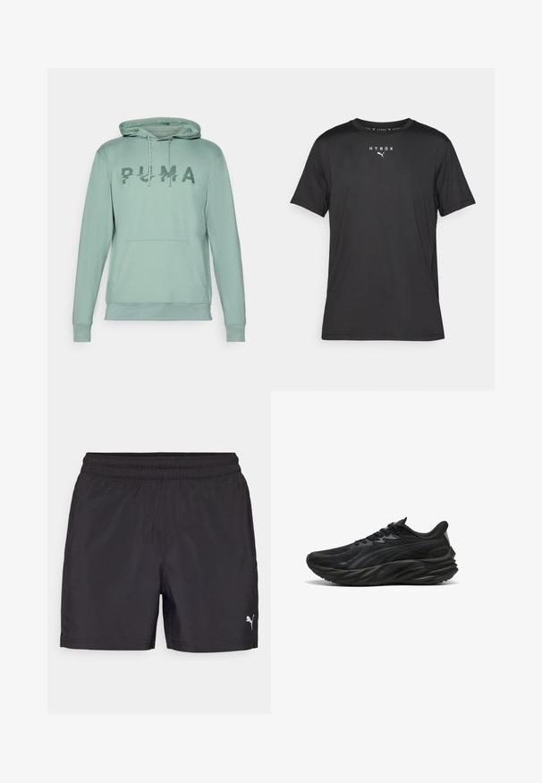 Világos zöld kapucnis pulóver kenguruzsebbel, a mellkasán egy textúrált "PUMA" logóval és a kapucnihoz tartozó zsinórokkal.; Fekete, rövid ujjú sportpóló könnyű anyagból. Kerek nyakkivágással és elöl nyomtatott "HYROX" logóval, valamint Puma emblémával rendelkezik.; Fekete sportnadrág rugalmas derékrészzel, könnyű anyagból készült, a bal oldalon egy kis fehér logóval.; Fekete sportcipő texturált felsőrésszel, ívelt talppal és megerősített sarokkal. Felszerelt fűzőkkel és egy diszkrét oldali díszítőelemmel rendelkezik.