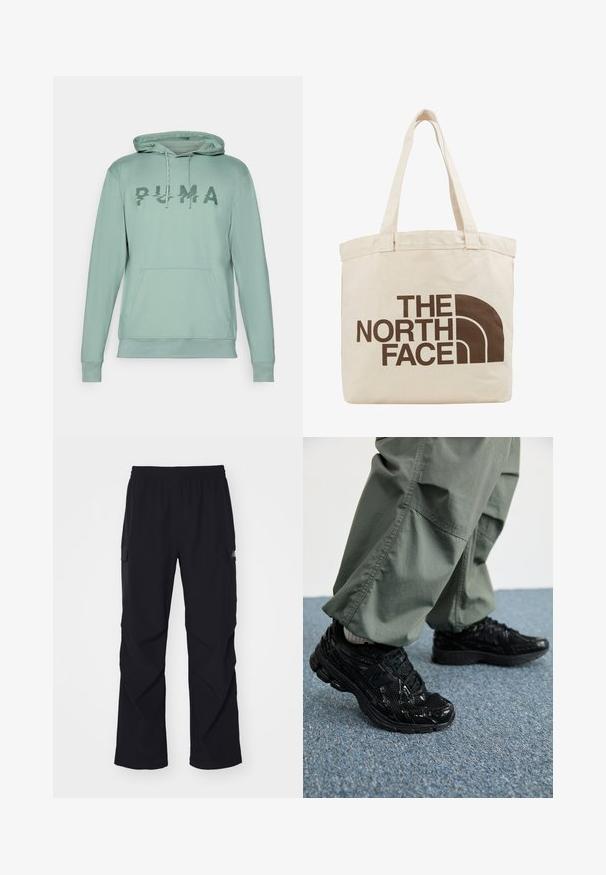 Hellgrüner Kapuzenpullover mit Kängurutasche, der ein strukturiertes "PUMA"-Logo auf der Brust und eine Kordel für die Kapuze aufweist.; Schwarze Cargo-Hosen aus leichtem Material, mit einem Elastikbund, seitlichen Taschen und einem geraden Beinschnitt.; Schwarze Sport-Sneaker mit glänzenden und Netztexturen, ausgestattet mit einer dicken Sohle und Schnürsenkeln, kombiniert mit lässigen, olivgrünen Cargo-Hosen.; Beige Canvas-Shopper-Tasche mit zwei Griffen, die ein großes, dunkelbraunes Logo mit dem Text "THE NORTH FACE" und einem halbkreisförmigen Designelement zeigt.
