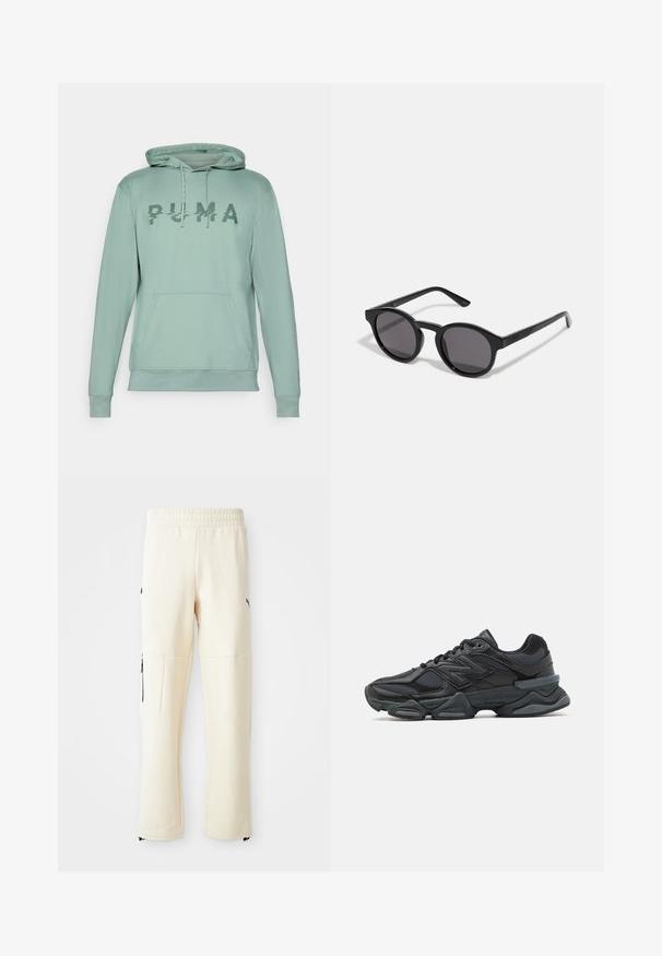 Világos zöld kapucnis pulóver kenguruzsebbel, a mellkasán egy textúrált "PUMA" logóval és a kapucnihoz tartozó zsinórokkal.; Világos bézs színű, puha anyagból készült jogger nadrág. Fekete logóval, oldalsó cipzáras zsebekkel és laza szabással rendelkezik.; Fekete futócipő, mely háló és szintetikus anyagok keverékéből készült, vastag talppal, ívelt kialakítással és hangsúlyos logóval az oldalon.; Fekete napszemüveg kerek, enyhén hullámos kerettel, sötét lencsékkel és egyenes fekete szárakkal. Simaságot és fényes felületet jellemző, látható minták nélkül.
