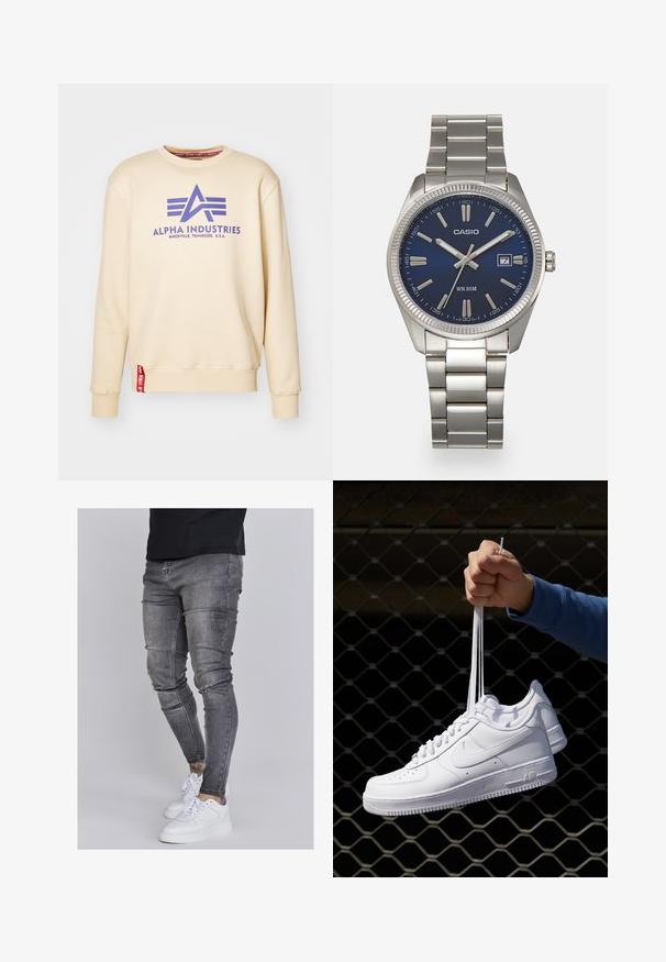 Beige sweatshirts med en lila "Alpha Industries" logotyp, runt nackparti, ribbade ärmslut och en röd etikett i fållen. Mjuk tygstruktur.; Smala jeans i blekt grå denim, med slitna detaljer vid knäna, kombinerat med vita sneakers. Slät struktur, slim fit-design.; Vita lädersneakers med perforeringar, rund tå, platt sula och tjocka snörning, med en synlig swoosh-logga och "AIR" på hälen.; Snygg klocka i silverfärgad rostfritt stål med en marinblå urtavla, metalliska timmarkörer och en datummarkering vid klockan tre. Vattentålig ner till 50 meter.