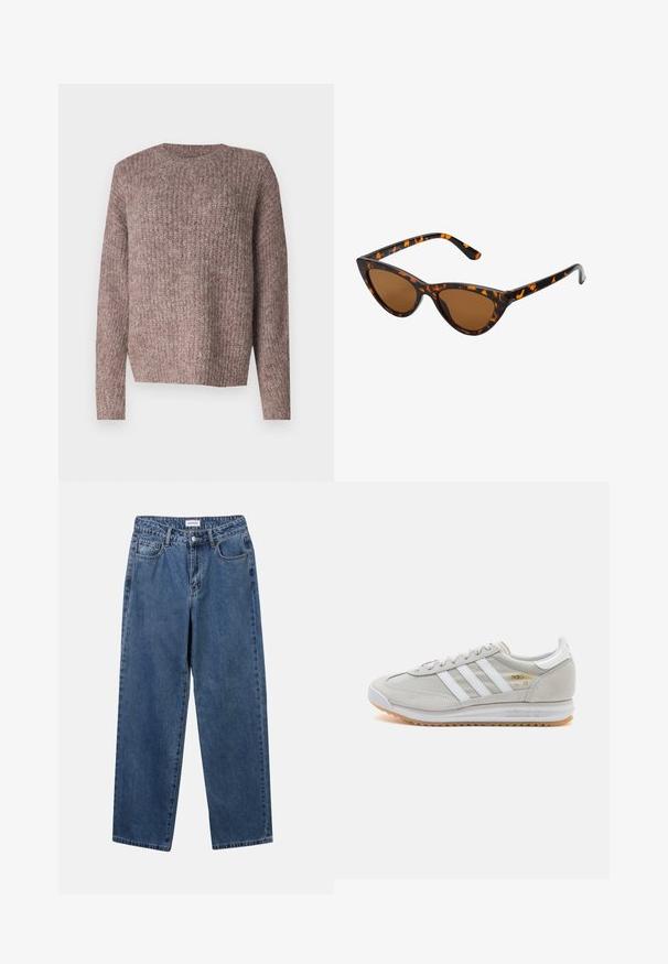 Brown, ribbed knit sweater with long sleeves and a crew neckline. Relaxed fit and soft texture, suitable for casual wear.; Classic blue denim jeans with a straight-leg design, five pockets, and a button closure. Features a medium wash and sturdy texture.; Light grey sneaker made of suede and mesh, featuring three white stripes, round toe, and a gum rubber sole. Gold logo accent near laces.; Cat-eye sunglasses with a black and orange tortoiseshell frame, brown lenses, and sleek, pointed tips. Features a minimal logo on the temple.