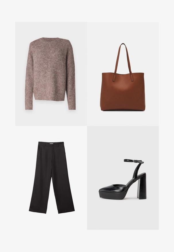 Rjav, rebrast pleten pulover z dolgimi rokavi in okroglim izrezom. Ohlapen kroj in mehak material, primeren za vsakodnevno nošenje.; Črne široke hlače iz gladkega materiala, z sprednjim zadrgo in dvema stranskima žepoma, s prilagojenim krojem in minimalističnim dizajnom.; Črne platforme z visokimi petami in koničastim nosom ter nastavljivim gležnjenjskim trakom. Narejene iz gladke usnje, s kockasto peto.; Rjava usnjena torba z gladko teksturo, odprto zasnovo zgoraj in dvema naramnima trakovoma. Opremljena je z minimalnim šivanjem in brez vidnih kovinskih delov.