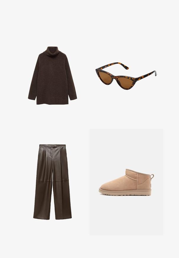 Hnědý rolák vyrobený z měkké pleteniny. Má dlouhé rukávy a volný střih s vysokým krkem pro dodatečné teplo.; Hnědé kožené kalhoty s širokými nohavicemi a hladkým texturem, se záhyby vpředu a klasickým designem pasu.; Béžové semišové kotníkové boty s zaoblenou špičkou, jemnou texturou, jednoduchým designem a nízkou gumovou podrážkou. Disponují poutkem na zadní straně.; Sluneční brýle ve stylu kočičích očí s černo-oranžovým želvovinovým rámem, hnědými skly a elegantními, špičatými konci. Obsahují minimalistické logo na straně.; Hnědá semišová crossbody taška s texturovaným povrchem, zlatým řetízkovým akcentem a nastavitelným koženým popruhem. Obsahuje zipové uzavření.