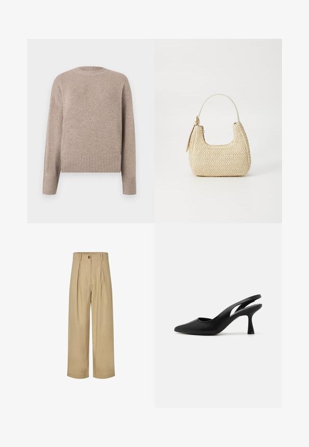 Jersey de punto beige con cuello redondo, puños y dobladillo acanalados. Textura suave y corte relajado, adecuado para uso casual.; Pantalones de pierna ancha de talle alto en color beige, con pliegues frontales, cierre de botón, cintura con pasadores y una textura de tela suave.; Tacones negros tipo slingback con punta afilada, fabricados en cuero suave. Presentan un diseño recortado y un tacón robusto y afilado.; Bolso de paja tejido en beige con forma curva, una asa corta y un zipper lateral. Presenta una superficie texturizada y un diseño minimalista.